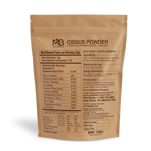 Envase polvo Cissus MB Herbals sin aditivos ni gluten ayurveda