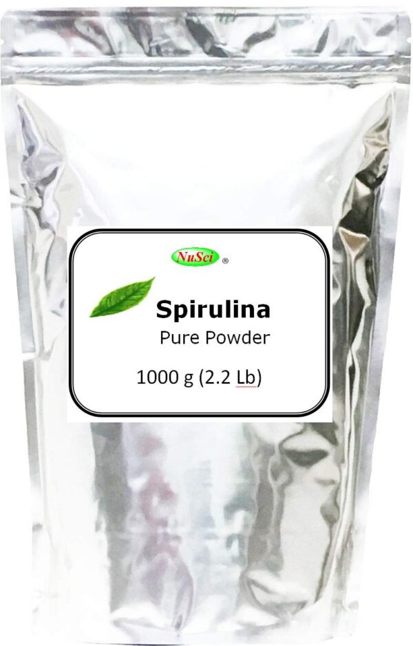 Envase de polvo espirulina orgánico NuSci verde saludable