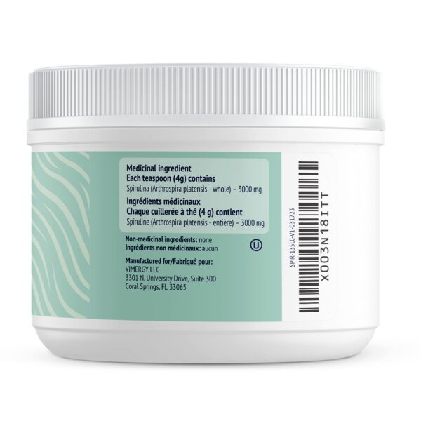 Envase y polvo de espirulina Vimergy para apoyo inmunológico