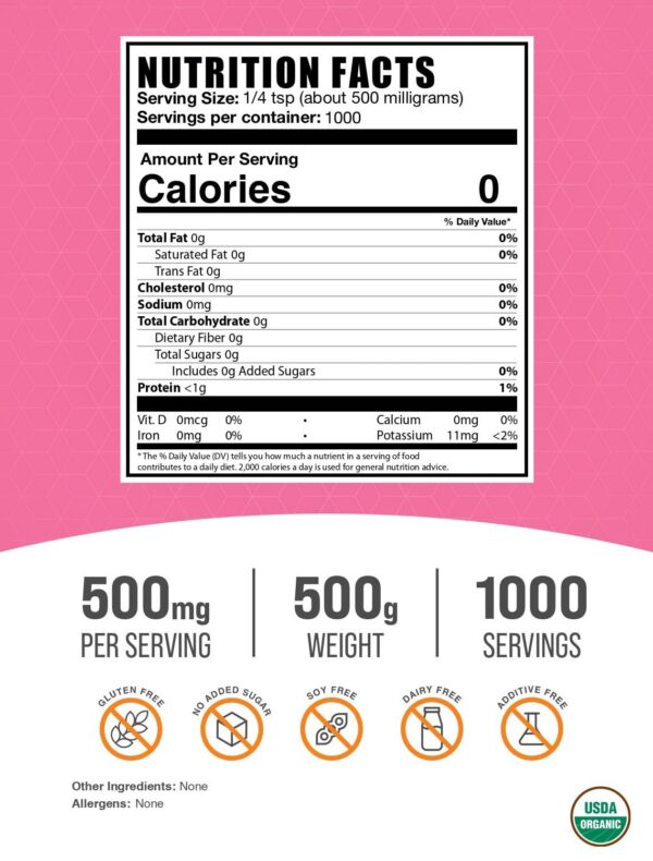 Envase polvo estevia pureza orgánica 500g BulkSupplements