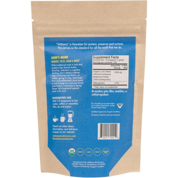 Envase del polvo de hongo melena de león Malama cerrado