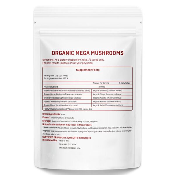 Envase polvo de hongos orgánico VELOTO 10 onzas