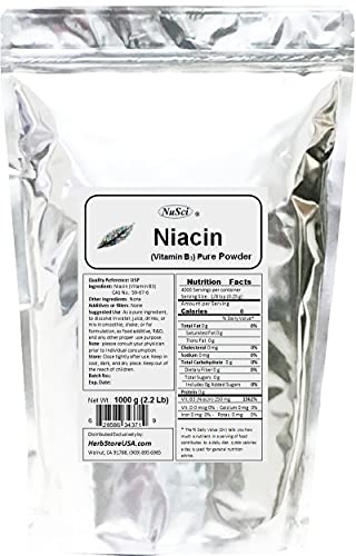 Envase polvo niacina puro NuSci vitamina b3 suplementación alimentaria