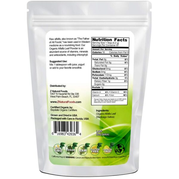 Envase del polvo orgánico de hoja de alfalfa Z Natural Foods