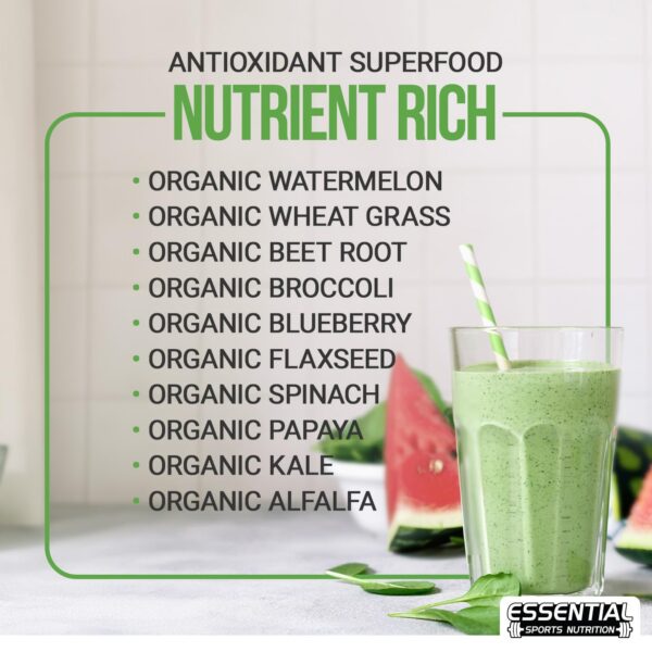 Envase de polvo orgánico Super Greens sin GMO ni gluten