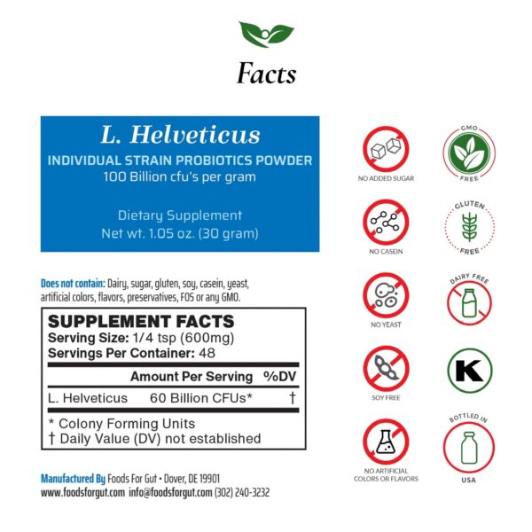 Envase polvo probiótico Foods For Gut 30 gramos Lactobacillus Helveticus