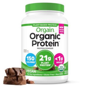 Envase de polvo proteína vegana Orgain sabor chocolate fudge