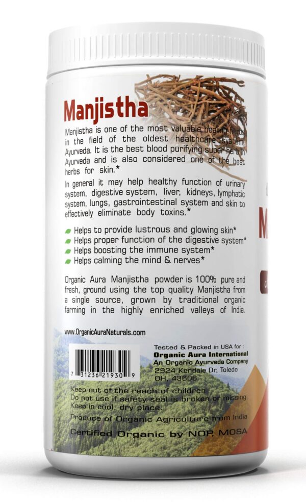 Version 1.0.0 Envase polvo puro Manjistha Organic Aura certificado USDA