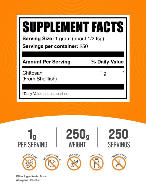 Version 1.0.0 Envase polvo quitósano BulkSupplements 250 gramos