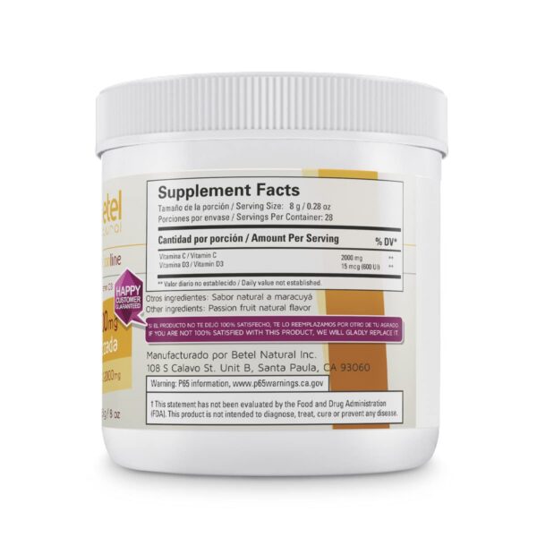 Envase de polvo vitamina C y D Betel Natural sabor maracuyá