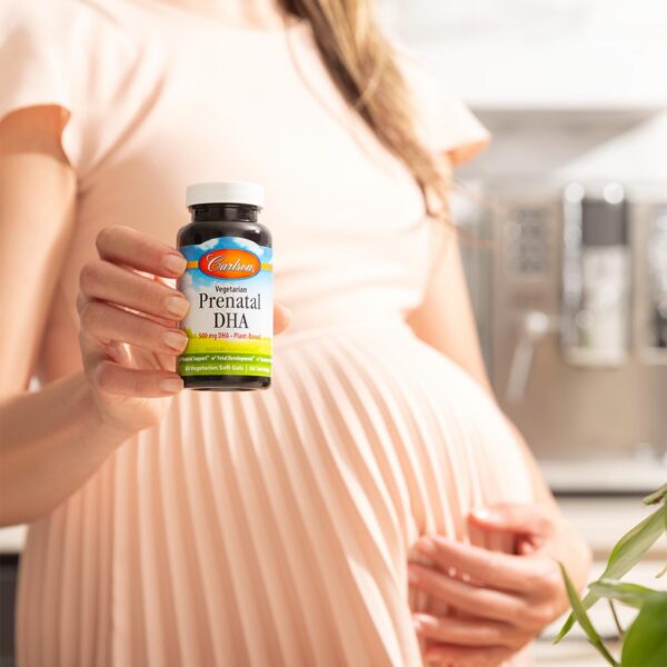 Envase posterior Carlson DHA prenatal vegetariano etiqueta nutricional