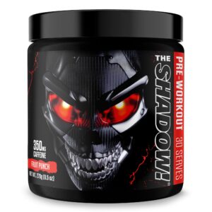 Frente del envase preworkout JNX The Shadow sabor Fruit Punch