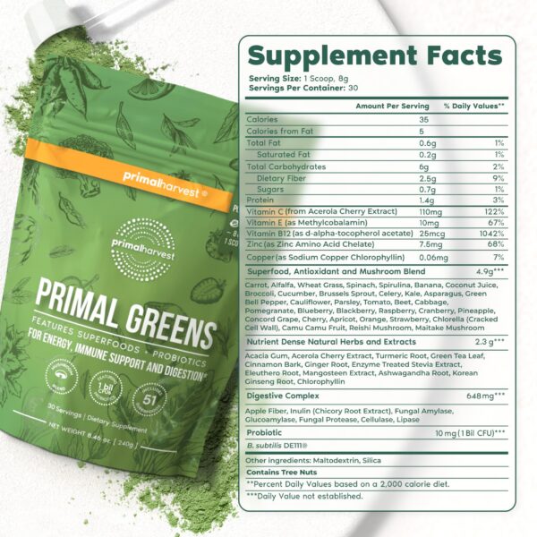 Envase Primal Harvest Super Greens con más de 50 superalimentos