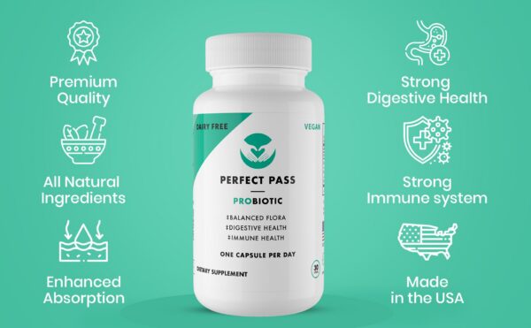 Envase de probiótico natural PERFECT PASS para salud digestiva