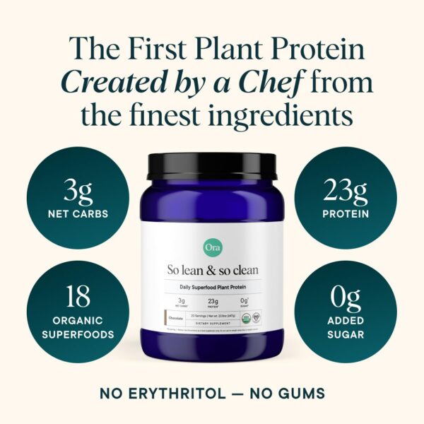 Version 1.0.0 Envase proteína Ora Organic vegana chocolate 23g porción