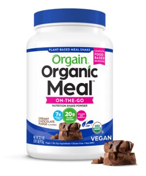 Envase de polvo proteína vegana Orgain sabor fudge cremoso de chocolate