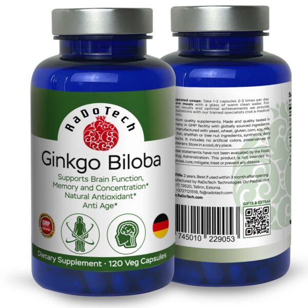 Envase RaDoTech Ginkgo Biloba 120 cápsulas para salud cerebral