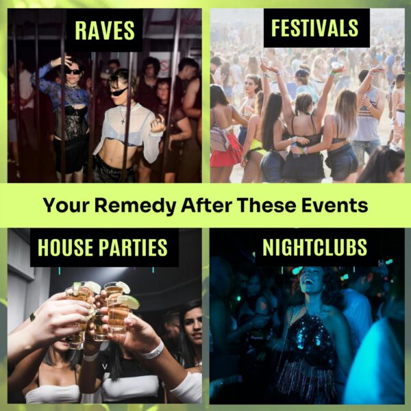 Envase Ravemedy suplemento para recuperación post rave y festival