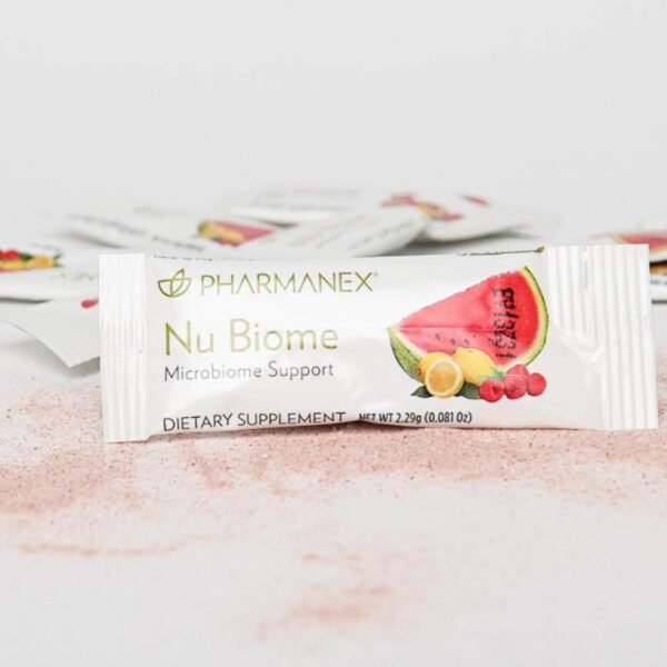 Envase y sobres Nu Skin Pharmanex Nu Biome para inmunidad