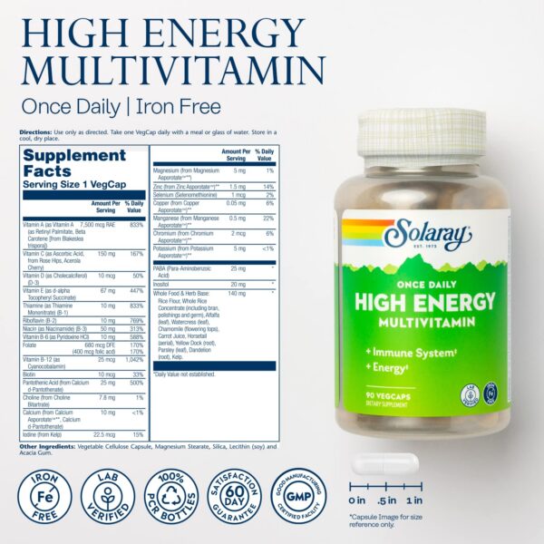 Envase de Solaray multivitaminas sin hierro 90 vegcaps