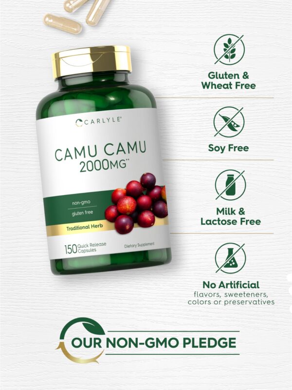 Envase seguro de suplemento con camu camu sin gluten ni OGM
