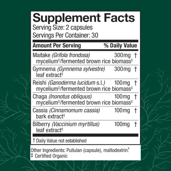 Envase suplemento herbal hongos Chaga Reishi Maitake