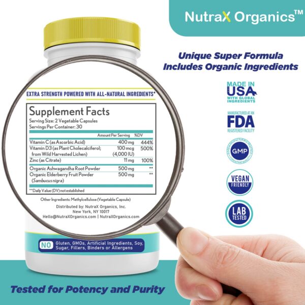 Envase suplemento NutraX Organics inmunidad saúco y vitaminas