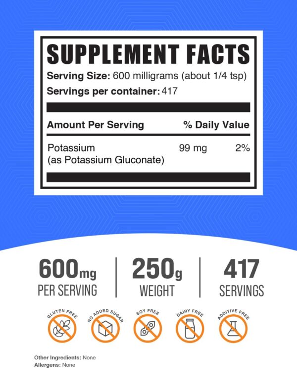 Envase de suplemento polvo de potasio BulkSupplements con tapa