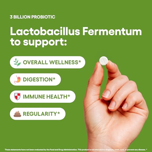 Envase de suplemento probiótico, salud digestiva para hombres y mujeres.