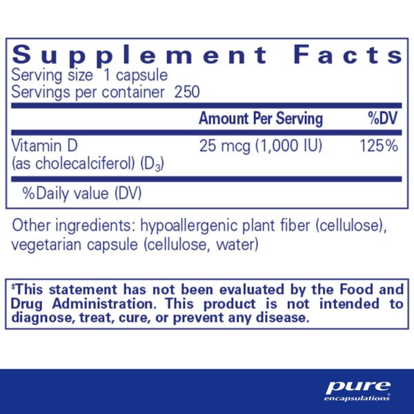 Envase de suplemento Pure Encapsulations vitamina d3 250 cápsulas