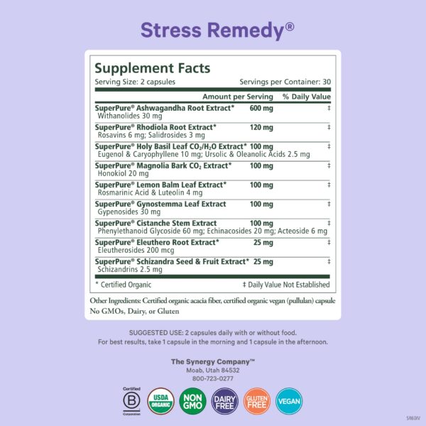 Envase suplemento PURE SYNERGY con adaptógenos orgánicos para estrés