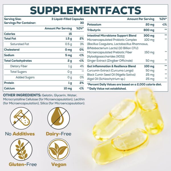 Envase frontal de suplemento de tributirina para intestino e inmunidad
