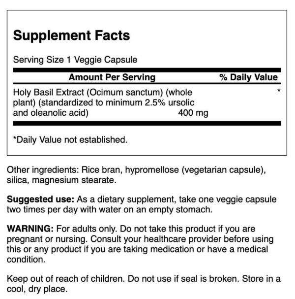 Tapa y diseño del envase Swanson extracto de tulsi 400mg