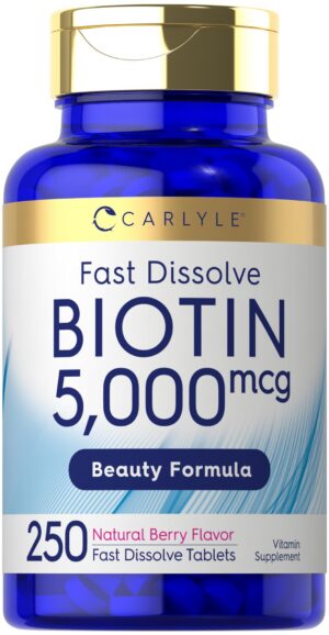Envase tabletas biotina 5000mcg Carlyle 250 unidades