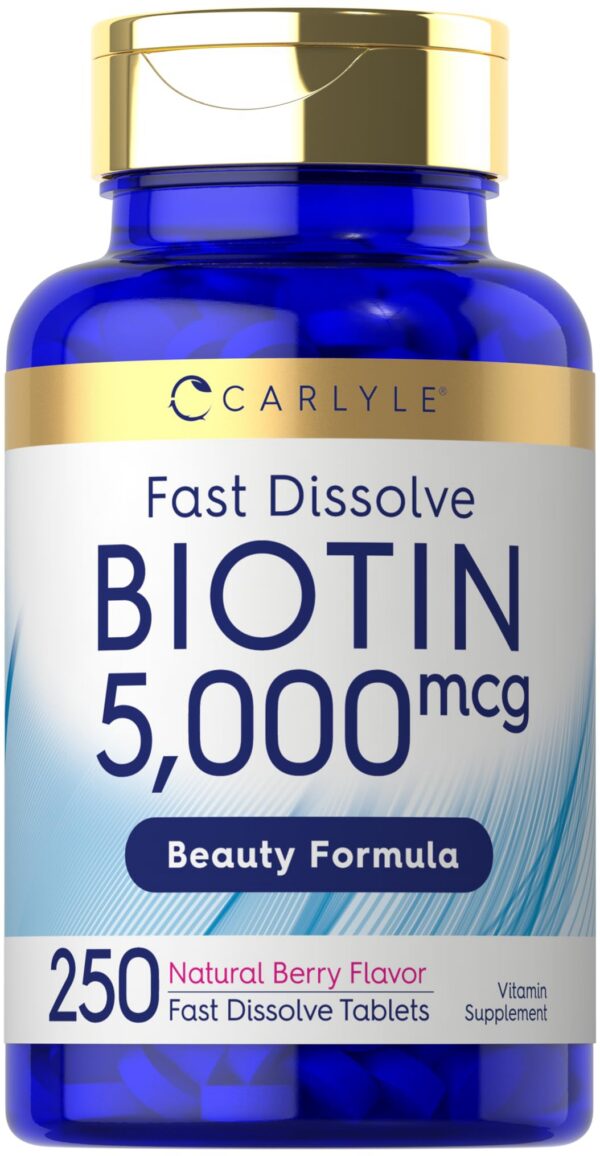 Envase tabletas biotina 5000mcg Carlyle 250 unidades