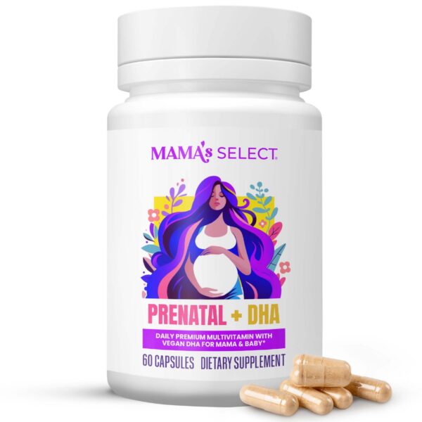 Envase de vitaminas prenatales Mama's Select con DHA vegano