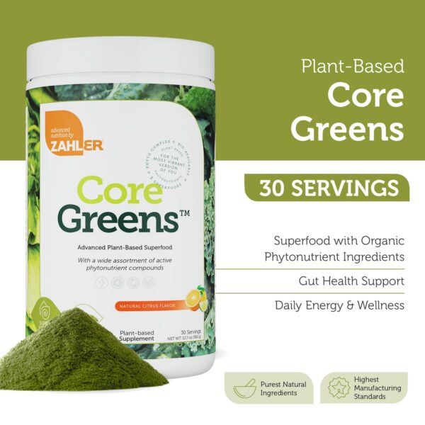 Envase Zahler Core Greens polvo verde orgánico para salud intestinal