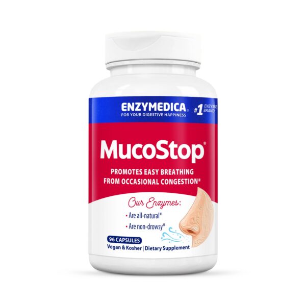 Version 1.0.0 Frasco de Enzymedica MucoStop con etiqueta