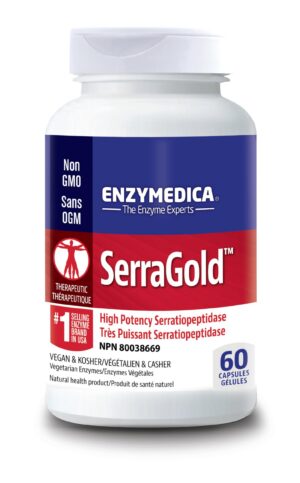 Frente de Enzymedica SerraGold serrapeptasa en cápsulas doradas