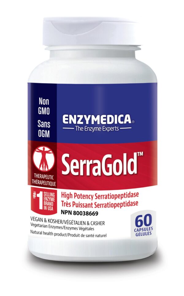 Frente de Enzymedica SerraGold serrapeptasa en cápsulas doradas