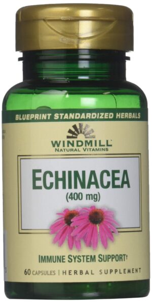 Frasco de cápsulas de equinácea Windmill 400mg en fondo blanco