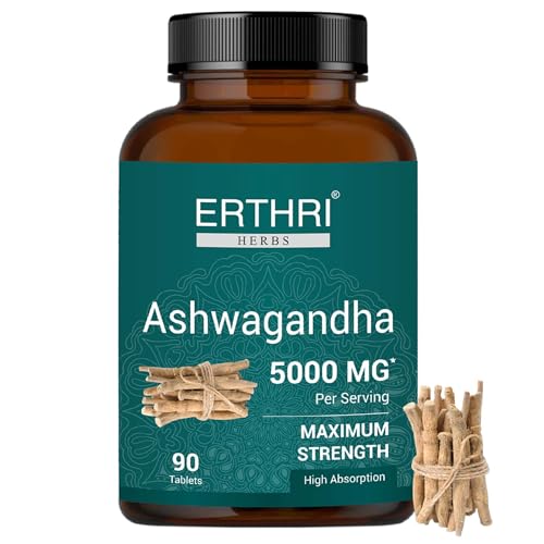 Frasco de tabletas ERTHRI Ashwagandha 5000mg vegano