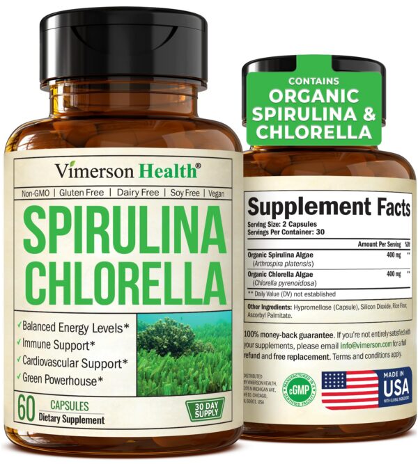 Espirulina y Chlorella cápsulas orgánicas Vimerson Health