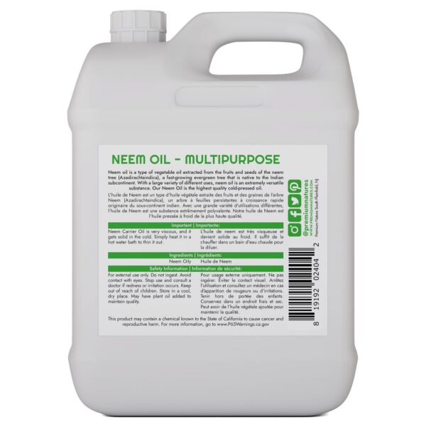 Etiqueta frontal Aceite de Neem 100% puro prensado en frío para cuidado