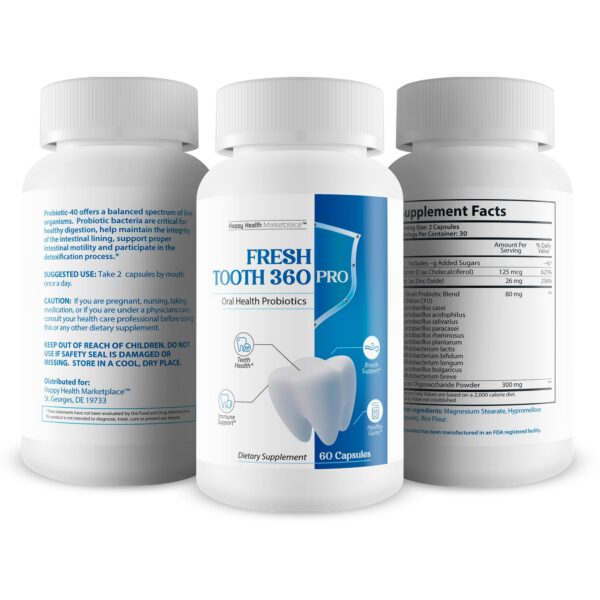 Etiqueta beneficios Fresh Tooth 360 Pro cuidado oral