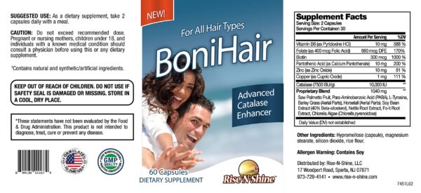 Etiqueta BoniHair suplemento catalasa para salud capilar