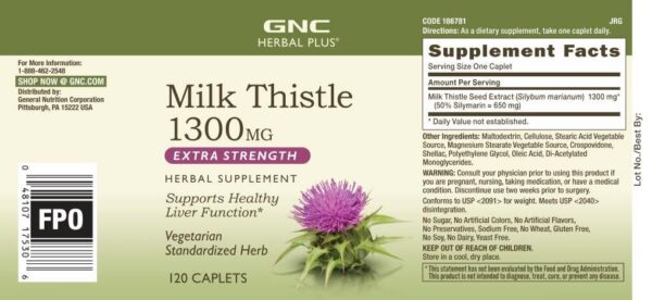 Etiqueta botella GNC Herbal Plus Cardo Mariano para función hepática