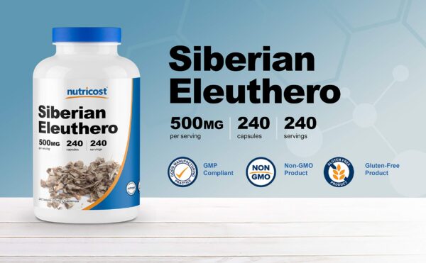 Version 1.0.0 Etiqueta y botella del suplemento Nutricost Eleuthero Siberiano