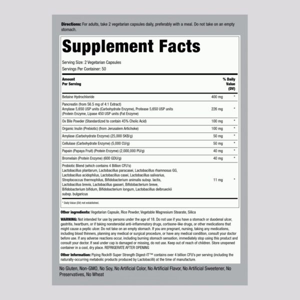 Etiqueta de la botella Piping Rock Digestive Enzymes