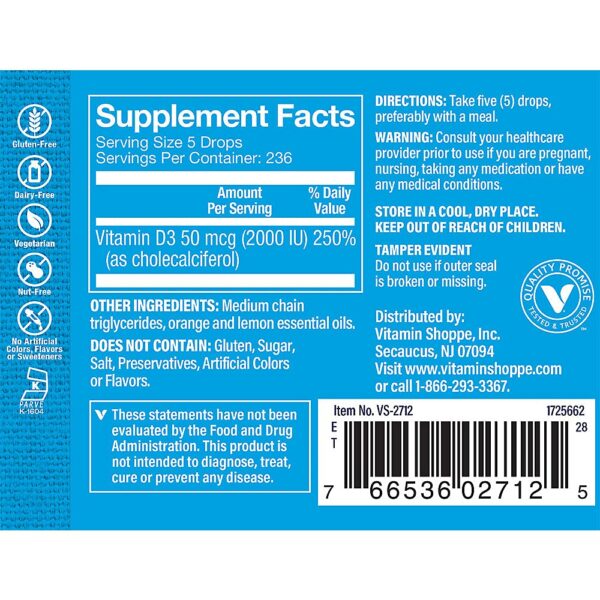 Etiqueta botella vitamina D3 líquida The Vitamin Shoppe
